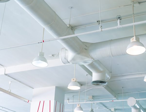 Air duct, automatic fire sprinkler safety system. Fire protection and detector. Fire sprinkler system. Building interior concept. Ceiling lamp light with opened light. Interior architecture concept.